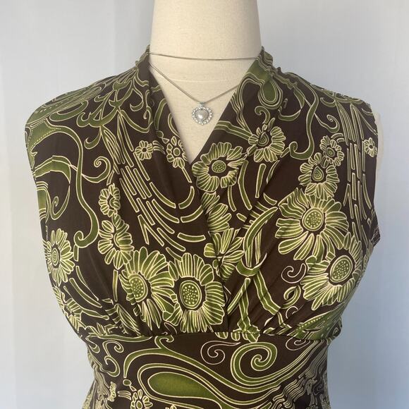 Y2K Tank Top Size Large L Brown Green Floral Empire Waist Babydoll Stretch Boho - Picture 2 of 9